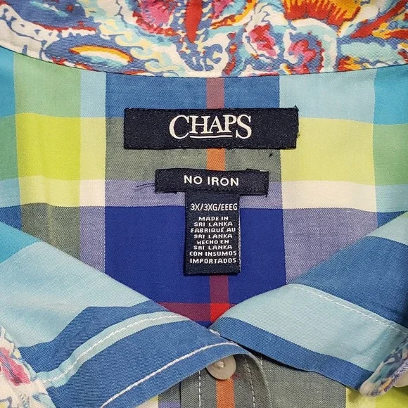 Chaps Womens 3X Blue Green Plaid No Iron Button Up Shirt 3/4 Sleeve Paisley Trim - Picture 5 of 10